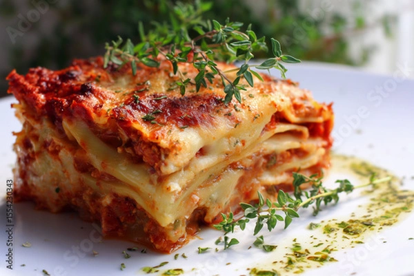 Fototapeta Lasagna with a Garnish of Thyme. National Lasagna Day 