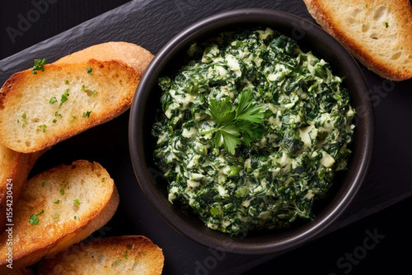 Fototapeta Spinach appetizer with bread, top view, dark background