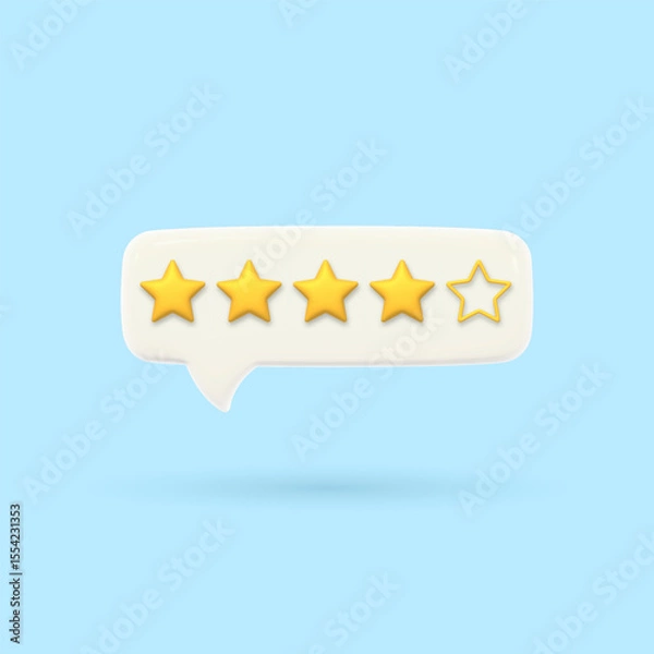Fototapeta 3D speech bubble with four gold rating stars. Visualization of good service quality assessment. Volumetric chat messages Render of voting, rating or survey on the product. Customer feedback