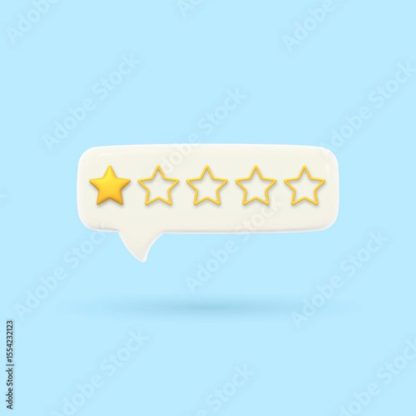 Fototapeta 3D speech bubble with one gold rating star. Visualizing poor service quality assessment. Render of voting, rating or survey on the product. Customer feedback. Volumetric chat messages