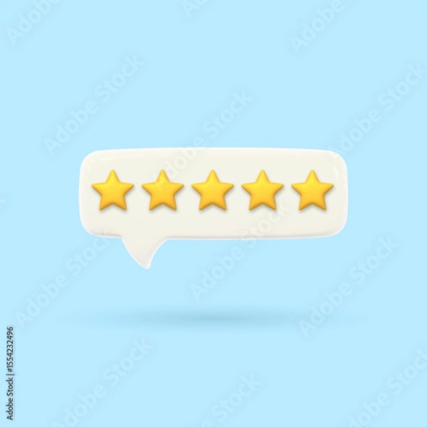 Fototapeta 3D speech bubble with five gold rating stars. Visualizing the assessment of excellent service quality.Render of voting, rating or survey on the product. Customer feedback. Volumetric chat messages