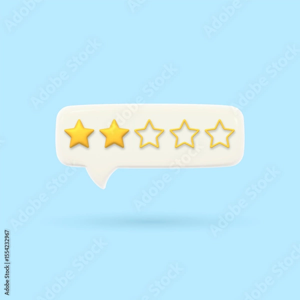 Fototapeta 3D speech bubble with two gold rating stars. Visualizing poor service quality assessment. Customer feedback. Volumetric chat messages. Render of voting, rating or survey on the product