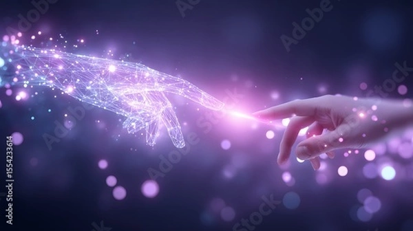 Fototapeta A human hand interacts with a glowing, digital hand composed of interconnected lines and dots in a futuristic setting.