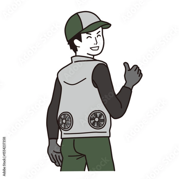 Obraz 熱中症対策　ファン付きベストを着た笑顔の働く男性　シンプルなイラスト