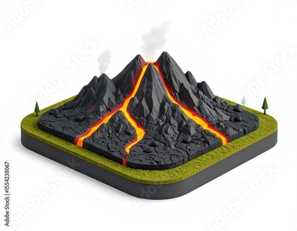 Fototapeta 3D icon of a lava field with black volcanic rock and glowing fissures, smoky and stylized, on isolated white