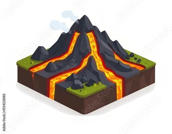 Fototapeta 3D icon of a lava field with black volcanic rock and glowing fissures, smoky and stylized, on isolated white