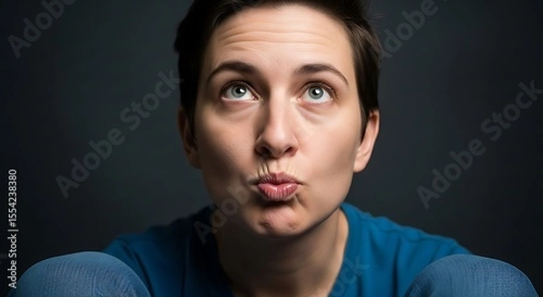 Fototapeta Portrait of a Woman with a Curious Expression, Looking Upward