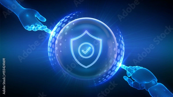 Fototapeta Protection. Cyber security. Network safety. Insurance. Hands of Robot and Human touching Protection shield with Check mark icon inside transparent sphere shield with hexagon pattern. Vector.