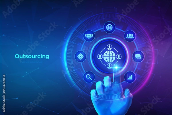 Fototapeta Outsourcing and HR. Social network and global recruitment. Global Recruitment Business and internet concept on virtual screen. Hand touching digital interface. Vector illustration.