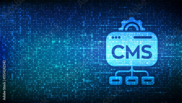 Fototapeta CMS. Content Management System icon made with binary code. Website and document management, web development, and digital solutions. Data integration. Digital code background with digits 1.0. Vector.