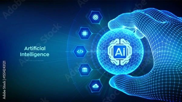 Fototapeta AI digital brain circuit board icon. Artificial Intelligence in the shape of sphere with hexagon pattern in hand. Machine Learning technology concept. Big data. Neural network. Vector illustration.
