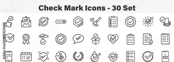 Fototapeta Set of 30 outline Check Mark icons. Line art icon collection. Editable stroke. Vector illustration