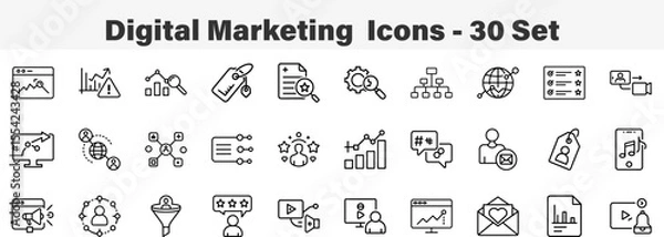 Fototapeta Set of 30 outline Digital Marketing  Icons. Line art icon collection. Editable stroke. Vector illustration