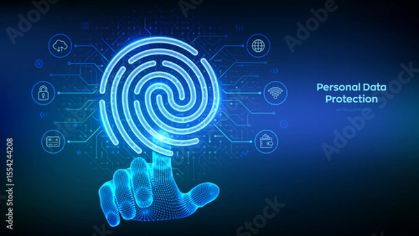 Fototapeta Fingerprint scan. Personal Data protection concept. Cyber Security. Biometrics identification. Password control. Wireframe hand touching digital interface with fingerprint icon. Vector illustration.
