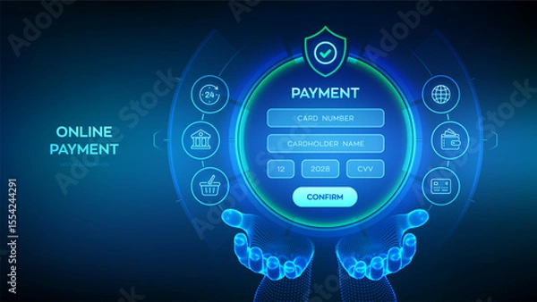 Fototapeta Online payment concept. Online banking digital technology. Online payment via banking application. Online shopping. Financial transaction. Digital interface in wireframe hands. Vector illustration.