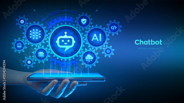 Fototapeta Chatbot. Using Chatbot app on smartphone. Smart assistant. Chatbot assistant conversation. AI. Artificial Intelligence and mobile technology concept. Neural network. AI agent. Vector illustration.