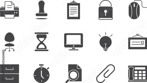 Fototapeta Office Supplies and Equipment Icons A Comprehensive Set of Vector Illustrations for Business and Workplace Designs