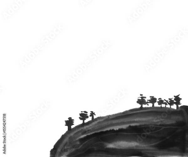 Obraz Ink and wash painting of mountains and trees