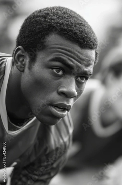 Fototapeta Close-up of a football player in mid-air, making a decisive kick towards the goal, showcasing intense focus and athleticism in a competitive sports moment. Dynamic action and determination