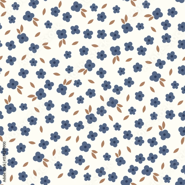 Fototapeta Small cute blue flowers with leafs repeat vector pattern
