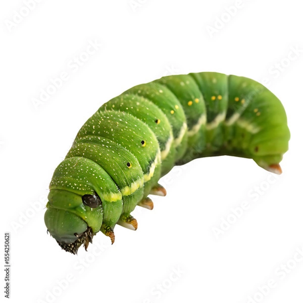 Obraz A vibrant, fat green caterpillar crawling along, a common garden insect larva isolated on a transparent background png