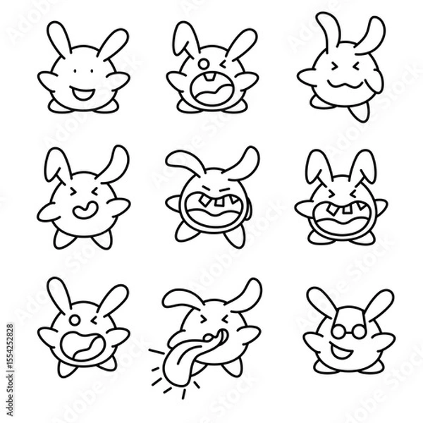 Fototapeta A collection of cute cartoon characters displaying different facial expressions, including happiness, anger, and cheekiness. These playful figures have large ears and are drawn in a simplistic style.
