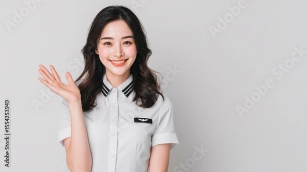 Fototapeta Smiling Stewardess Waving with Blank Space

