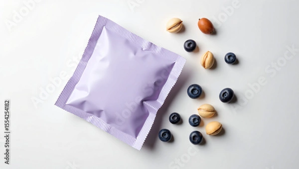 Obraz Lavender Flat Sachet Food Mockup with Blueberries and Hazelnuts – Clean and Creative Snack Design