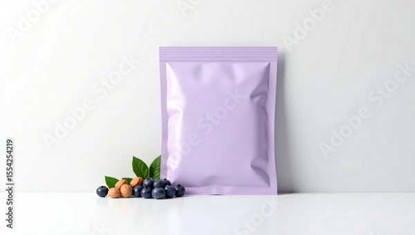 Obraz Lavender Flat Sachet Food Mockup with Blueberries and Hazelnuts – Clean and Creative Snack Design