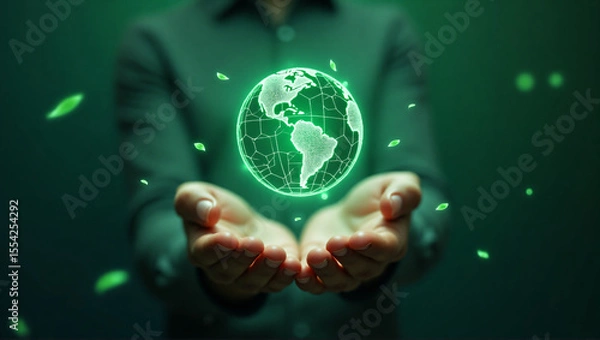 Obraz Glowing Digital Globe with Global Network Connections Floating in Open Hands – Futuristic Technology Concept