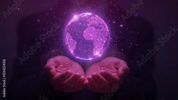 Obraz Glowing Digital Globe with Global Network Connections Floating in Open Hands – Futuristic Technology Concept