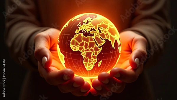 Obraz Glowing Digital Globe with Global Network Connections Floating in Open Hands – Futuristic Technology Concept