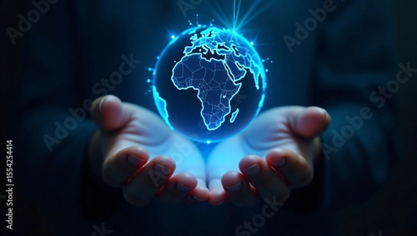 Obraz Glowing Digital Globe with Global Network Connections Floating in Open Hands – Futuristic Technology Concept