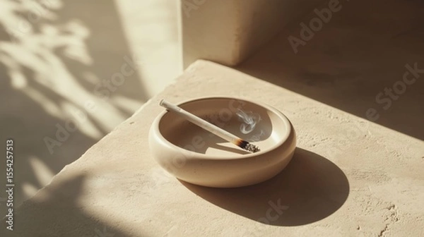 Fototapeta Close-up of a ceramic ashtray with a smoldering cigarette, creating a laid-back studio vibe.