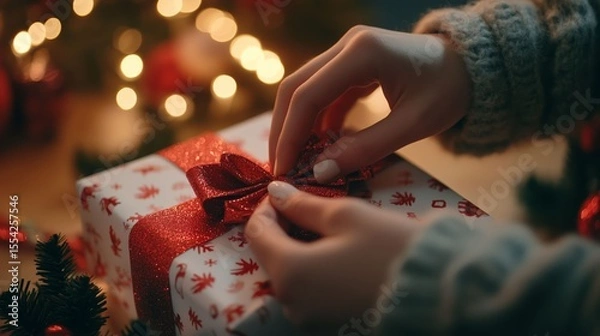 Fototapeta Close-up of hands tying a red ribbon on a festive Christmas gift package with lights in the background.