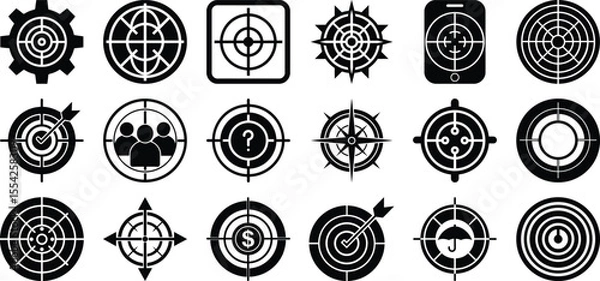 Obraz Target icons set black crosshair bullseye and aim symbols with arrows and radar isolated vector silhouette collection