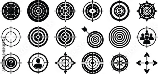 Obraz Target and aim icon set black silhouette vector with multiple crosshairs aiming, shooting or focus concept aiming marks and shooting symbols vector design.