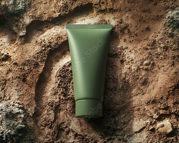 Obraz Greenery cream tube lies on brown ground. Horizontal mockup of organic cosmetics. Top view of matte plastic packaging, prehistoric or biophilic theme