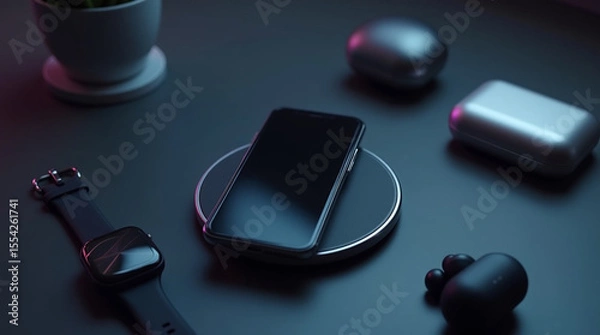 Fototapeta A smartphone wirelessly charges next to a smartwatch and earbuds