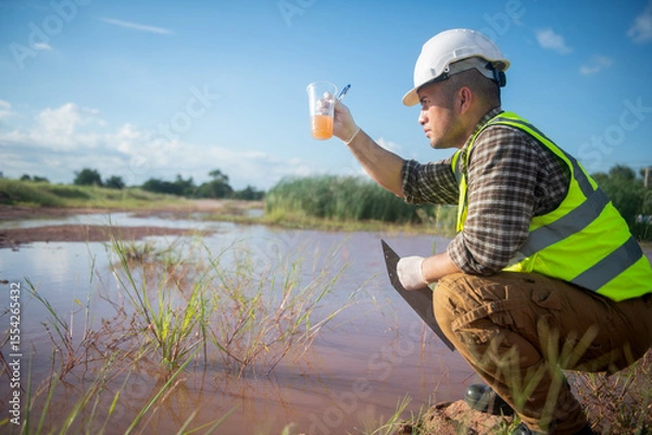 Fototapeta Environmental engineers examine natural bodies of water for organisms in their ecosystems