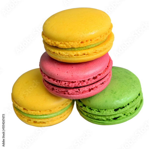 Fototapeta Three colorful macarons creating a delightful pyramid, featuring a vibrant yellow macaron on top of a pink and green base, all set against a transparent background