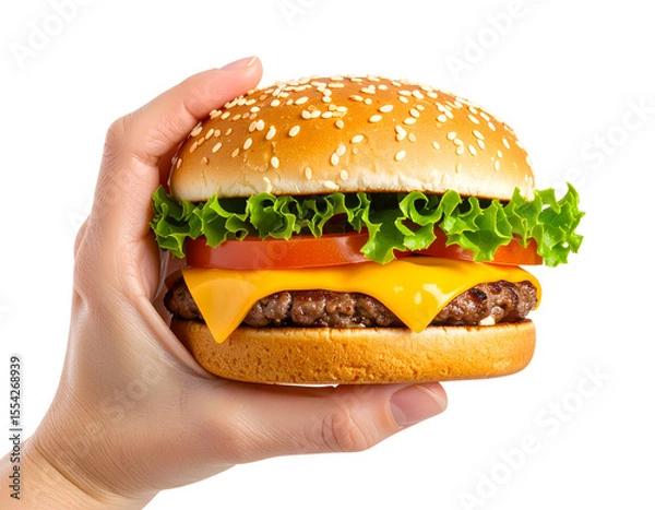 Fototapeta Hand Holding Classic Cheeseburger with Melting Cheese, Side View, isolated on transparent background