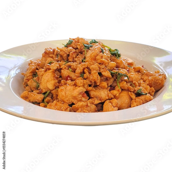 Obraz Deliciously Spicy Stir-fried Chicken with Holy Basil in a White Plate
