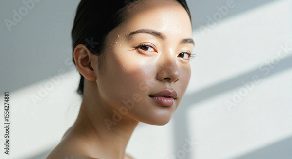 Fototapeta 自然光に照らされた輝く透明感のある女性ポートレート、ナチュラルビューティーイメージ、健康的、アジア人