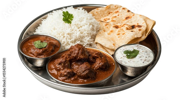 Obraz Authentic Indian Cuisine Platter with Rice, Flatbread, Spicy Curry, and Yogurt Sauce