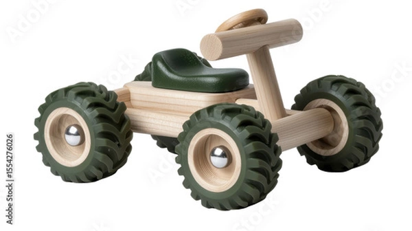 Obraz Wooden Toy Car with Green Rubber Wheels and Simple Design for Children, Ideal for Educational Play and Imaginative Activities