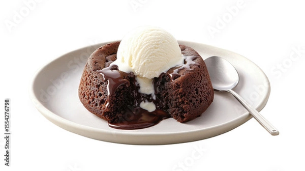 Obraz Delicious molten chocolate cake with vanilla ice cream on a plate and a spoon nearby served in a cozy setting