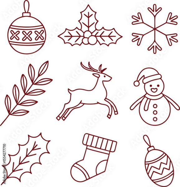 Obraz "Christmas Line Icon Set Featuring Reindeer, Snowman, Stocking, Ornament, and Holly Leaves"