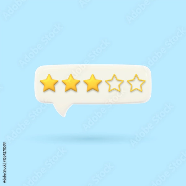 Fototapeta 3D speech bubble with three gold rating stars. Visualization of service quality assessment. Customer feedback. Render of voting, rating or survey on the product. Volumetric chat messages