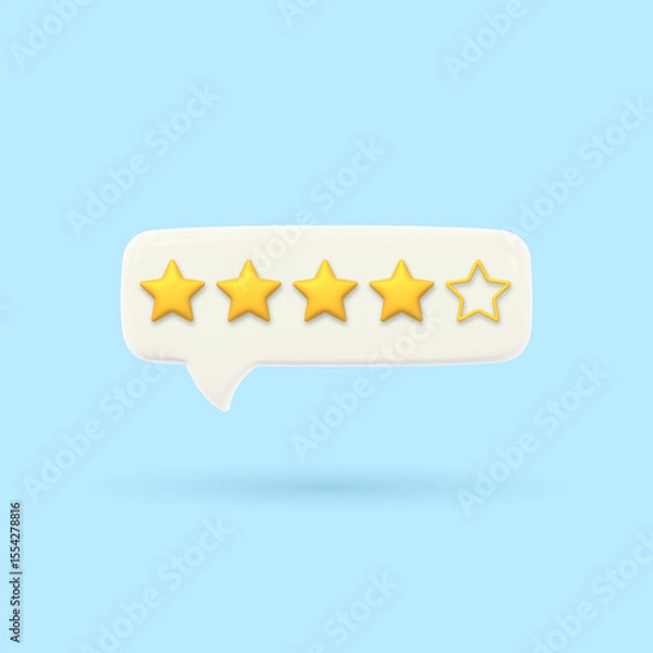 Fototapeta 3D speech bubble with four gold rating stars. Visualization of good service quality assessment. Volumetric chat messages Render of voting, rating or survey on the product. Customer feedback
